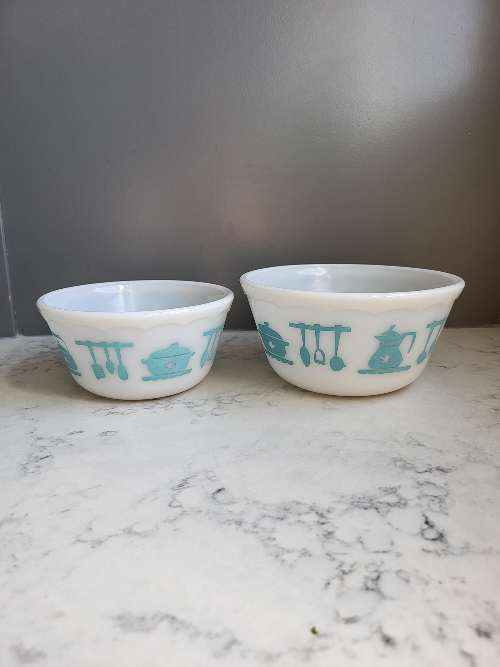 White Milk Glass Mixing Bowls with Teal Kitchen Motif - Set of 2